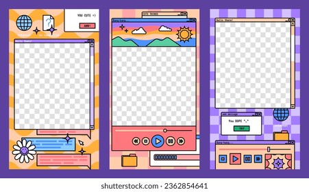 Social Networks Stories Template Set with Retro Computer Aesthetic Ui Elements and Empty Transparent Space. Vector illustration