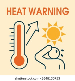Social networks template Heat Wave Warning. High Temperature and extreme hot warning. Flat modern illustration with a red thermometer, a person who is shaking from the heat and the sun