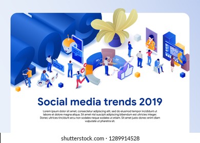 Social Networks Trends 2019. Dialogue With Chat Bot. Live Broadcast. Earnings In Social Media. Opinion Experts. Stories. Statistics And Analytics. 3d Isometric Promotion Vector Illustration