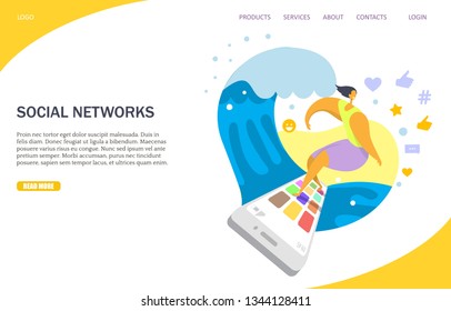 Social networks vector website template, web page and landing page design for website and mobile site development. Young man surfing the net, social networking symbols such as like, hashtag etc.