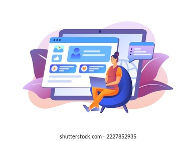 Social networks violet gradient concept with people scene in the flat cartoon design. Woman registers in a social network to follow up-to-date information. Vector illustration.