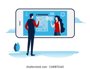 Social networks. virtual communication. Online community. chat, send message, e-mail.  Flat cartoon miniature  illustration vector graphic on white background.
