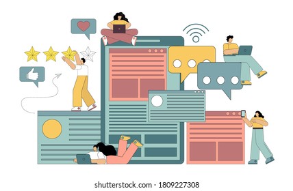 Social networks, virtual communication, online news, chat. Little people use gadgets for communication and communication. Flat vector illustration