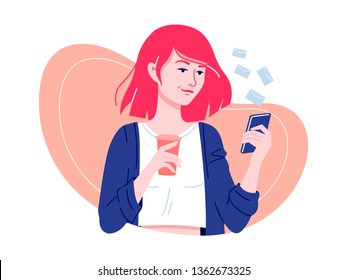 Social networks. Young happy woman standing with smartphone and coffee chatting with friends. Internet communication. Isolated flat vector illustration