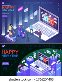 Social New Year near the laptop, Marketing isometric people working together, Businessmen celebrate New Year holiday, Vector illustration