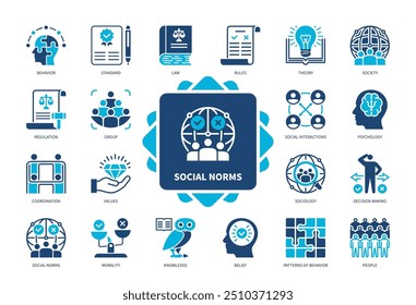 Symbolsatz Soziale Norm. Verhalten, Glaube, Gesellschaft, Regeln, Koordination, Psychologie, Moral, Werte. Duotonfarben-Volltonsymbole