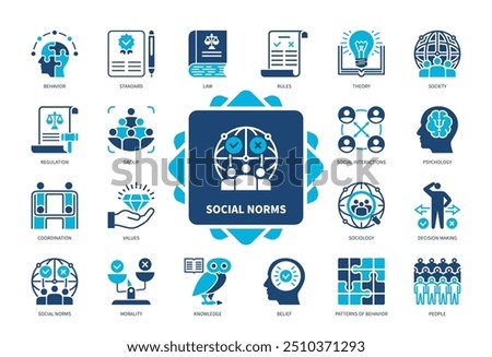 Social Norm icon set. Behavior, Belief, Society, Rules, Coordination, Psychology, Morality, Values. Duotone color solid icons