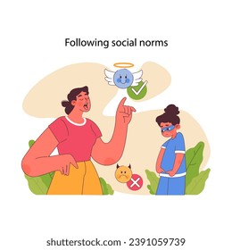 Social norms. Woman explaining concepts of good and bad to thief girl. Balance between conforming to expectations and embracing individuality. Understanding and challenging societal rules. Flat vector