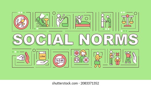 Social norms word concepts banner. Community culture rules. Infographics with linear icons on green background. Isolated creative typography. Vector outline color illustration with text