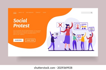 Protestas sociales en línea. Grupos de personas se rebelan contra reglas inaceptables e innovaciones en los conflictos. Manifestaciones digitales y huelgas con revoluciones políticas. Banner plano de la página principal del vector