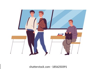 Social outcast. Wealthy and poor children at school. Communication difficulty and ignoring. Community's rejection. Richness vs poverty inequality concept. Flat vector illustration