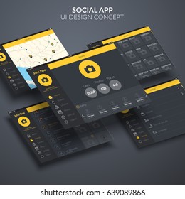 Social page application ui design concept on dark background flat vector illustration