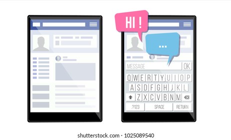 Social Page On Tablet Vector. Speech Bubbles. Application Profile. Friendship And Business Contacts. Isolated Flat Illustration