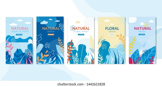 Social Pages Set with Natural and Floral Design. Trendy Layout Kit. Media Network Stories Wallpapers for Mobile App. Editable Templates with Leaves and Plants. Vector Illustration with Active Button