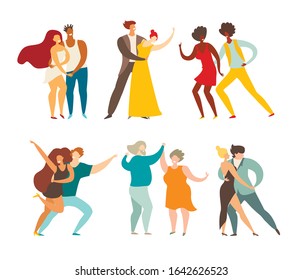 Social pair dancing vector illustration. Happy people dancing . Couple of dancers character. Romantic modern dance: bachata, tango and waltz. Salsa/samba/zouk party. Flat retro cartoon style, isolated