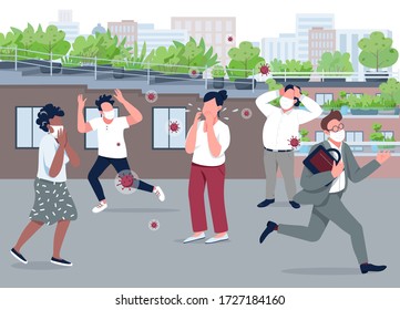 Social Panic Flat Color Vector Illustration. Contagious Woman 2D Cartoon Character With Running People In Surgical Masks On Background. Mass Hysteria, Covid Spread, Covid Outbreak. Public Panic Attack