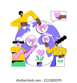 Social participation abstract concept vector illustration. Social engagement, team work, civil society participation, happy volunteers, charity people, clean garbage, plant trees abstract metaphor.