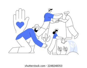 Social participation abstract concept vector illustration. Social engagement, team work, civil society participation, happy volunteers, charity people, clean garbage, plant trees abstract metaphor.