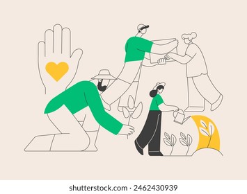 Social participation abstract concept vector illustration. Social engagement, team work, civil society participation, happy volunteers, charity people, clean garbage, plant trees abstract metaphor.