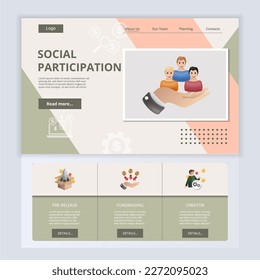 Social participation flat landing page website template. Pre-release, fundraising, creator. Web banner with header, content and footer. Vector illustration.