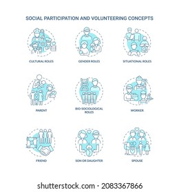 Social participation and volunteering blue concept icons set. Different roles for people in community idea thin line color illustrations. Vector isolated outline drawings. Editable stroke