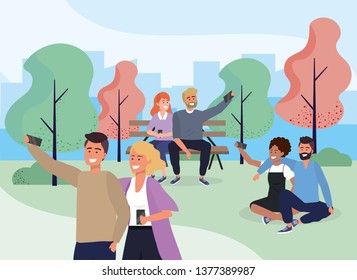social people couple with smartphone in the park