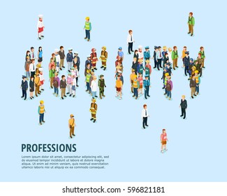 Social people isometric template with man of different professions on blue background isolated vector illustration