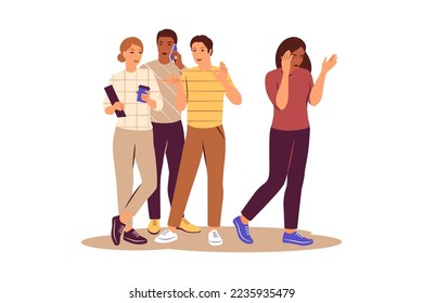 Social phobia, anxiety disorder consept. Sad woman surrounded by people silhouettes feel lonely in society suffer from lack of communication. Vector illustration.