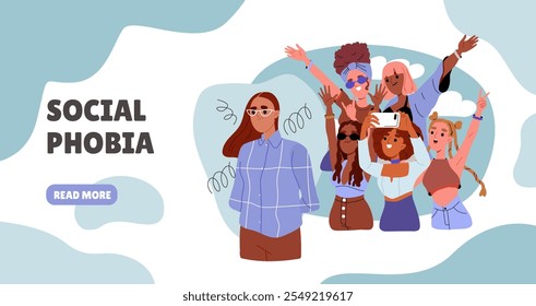 Social phobia poster. Woman stands alone near crowd of cheerful people. Frustration and depression, loneliness. Mental and psychological problems. Landing webpage design. Flat vector illustration