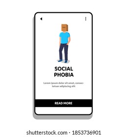 Fobia Social Problema Hombre Con La Bolsa En El Vector De Cabeza. Niño Con Fobia Social Enfermedad Psicológica Oculta Cara Con Paquete De Papel. Caracteres Psicoterapia Web Ilustración de caricaturas planas