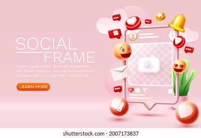 Social photo frame, followers media banner, network message icons. Vector illustration