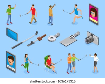 Social photo isometric icons set with  gadgets monopods lens and people making selfie isolated vector illustration 