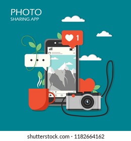 Social photo sharing app concept vector illustration. Mobile phone with photo service app, social network like icon, camera. Flat style design element for website template, poster, banner etc.