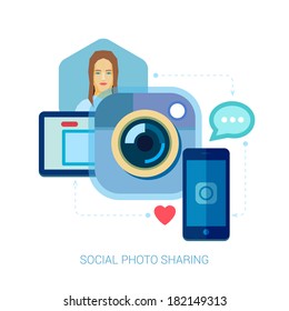 Social photo sharing and selfie flat design concept icons for web and mobile phone services and apps. Mobile phone apps for photo and video sharing vector illustration concepts set with a woman.