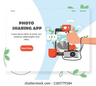 Social photo sharing service website homepage template. Vector flat style design element with copy space and read more button.