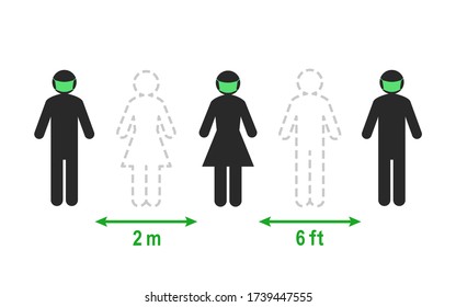 Social and physical distancing concept. People keeping a 2 meter or 6 feet distance instead of standing close to each other.