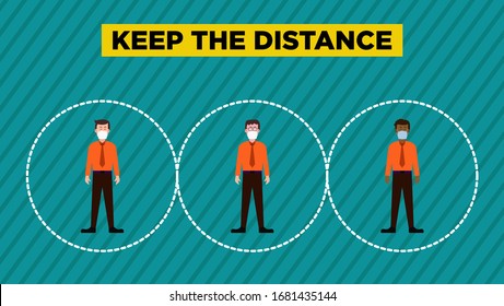 Social and physical distancing with three man, keep distance in public society people to protect from COVID-19 coronavirus outbreak spreading concept, man and woman keep a distance in a meeting.