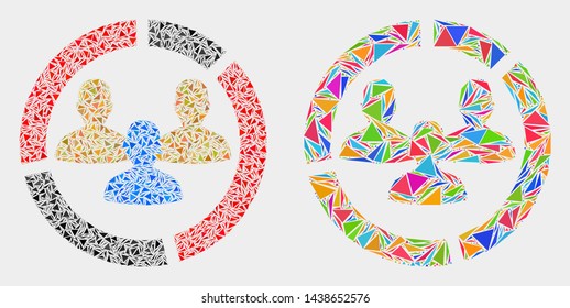 Social pie chart collage icon of triangle items which have different sizes and shapes and colors. Geometric abstract vector design concept of social pie chart.