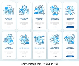 Social planning blue onboarding mobile app screen. Examples walkthrough 5 steps graphic instructions pages with linear concepts. UI, UX, GUI template. Myriad Pro-Bold, Regular fonts used