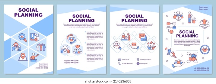 Social planning brochure template. Development and changes. Leaflet design with linear icons. 4 vector layouts for presentation, annual reports. Arial-Black, Myriad Pro-Regular fonts used