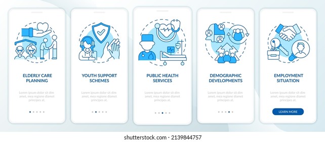 Social planning examples blue onboarding mobile app screen. Walkthrough 5 steps graphic instructions pages with linear concepts. UI, UX, GUI template. Myriad Pro-Bold, Regular fonts used