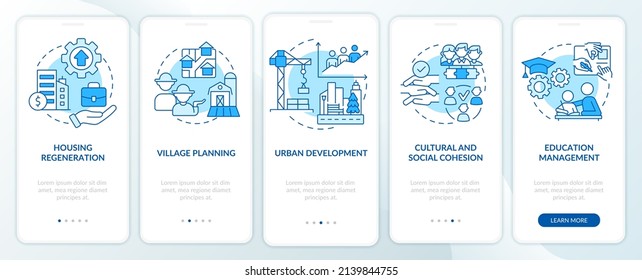 Social planning instances blue onboarding mobile app screen. Walkthrough 5 steps graphic instructions pages with linear concepts. UI, UX, GUI template. Myriad Pro-Bold, Regular fonts used