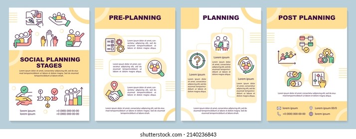 Social planning stages brochure template. Society changes. Leaflet design with linear icons. 4 vector layouts for presentation, annual reports. Arial-Black, Myriad Pro-Regular fonts used