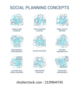 Social planning turquoise concept icons set. Society issues. Community changes idea thin line color illustrations. Isolated symbols. Editable stroke. Roboto-Medium, Myriad Pro-Bold fonts used