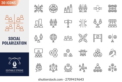 Social polarization icon set. Editable stroke. Vector illustration. 