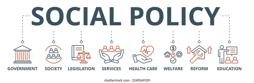 Social policy banner web icon vector illustration concept with icon of government, society, legislation, services, health care, welfare, reform, education