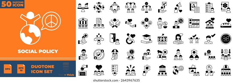 Conjunto de ícones editáveis duotônicos da política social. Ilustração vetorial em estilo duotônico fino moderno de ícones de política social: educação, seguro, lei, governo, etc