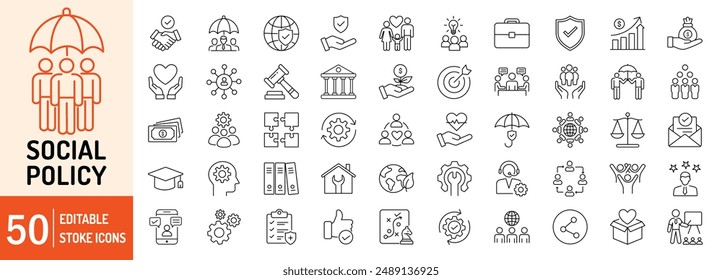 Social Policy editable stroke outline web icons set. Security, government, family, welfare, education, protection, finance, security and support. Vector illustration