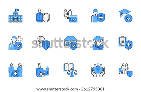 Social policy. Financial support, social security, social guarantees, public services. Employee benefits. Healthcare, family, government. Vector line icons set.