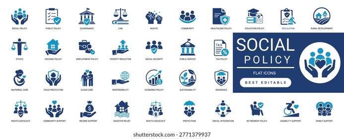  social policy icon set. community support, welfare, rights, justice, inclusion, equality, public, government, protection. editable solid vector illustration.